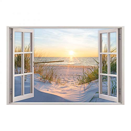 nikima Schönes für Kinder 153 Wandtattoo Fenster - Ostseestrand Maritim - in 5 Größen - Sonnenuntergang Wandbild Wanddeko -Größe 1000 x 670 mm