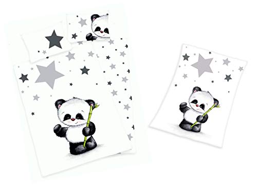 Baby Bettwäsche und Flauschdecke im Set Motiv : Panda 100x135 cm 40x60 cm 75x100 cm