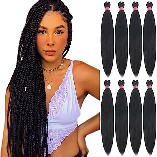 Vorgedehnte Flechthaar, Original Kanekalon Braid Haarverlängerungen, Heißwasser-Einstellung Crochet Hair Braids, Yaki Textur Easy Braiding Hair (24''-8 Bündel, 1b)