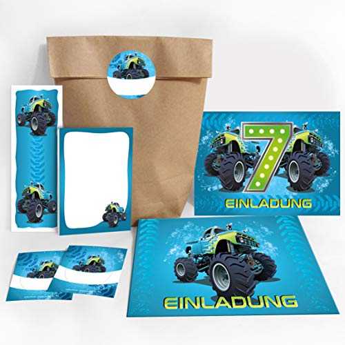 JuNa-Experten 12 Einladungskarten 7. Geburtstag Kinder Junge Jungs Monster-Truck / Auto incl. 12 Umschläge, 12 Tüten / Natur, 12 Aufkleber, 12 Lesezeichen, 12 Notizblöcke