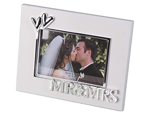 Casablanca - Fotorahmen MR&MRS aus MDF - weiß mit Metallverzierungen in Herzform und Schriftzug MR&MRS Format 10 x 15 cm zum Stellen