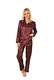 Damen Satin Pyjama Schlafanzug in Edler Optik zum durchknöpfen - 191 201 94 002, Farbe:Bordeaux, Größe2:52/54