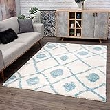 carpet city Teppich-Läufer Shaggy Hochflor - Ethno-Stil 80x300 cm Blau Creme - Moderne Wohnzimmer-Teppiche