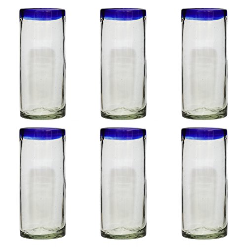Handgemachtes Hi-Ball Glas - recyceltes Glas - Blauer Rand - Set aus 6 Gläsern