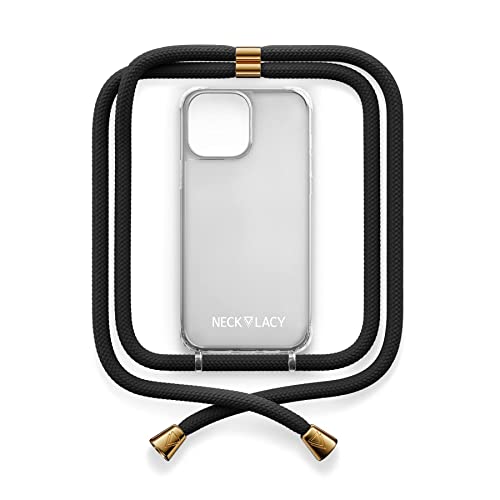 NECKLACY® - The Phone Necklace - Handykette für Apple iPhone 14 Pro in Elegant Black | transparente Handyhülle mit hochwertiger Kordel zum Umhängen - Smartphone Crossbody Case