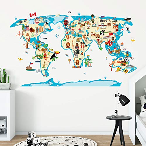 Sticker für Kinder | Wandaufkleber Weltkarte – Wanddekoration Kinderzimmer | 90 x 165 cm