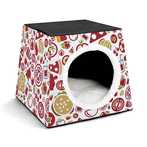 Bedruckte Katzenhäuser Katzenhöhle für Katzen Faltbares Haustier Haus Katzenbett Katzensofa mit Flauschiges Kissen Fruchtsaft Rot