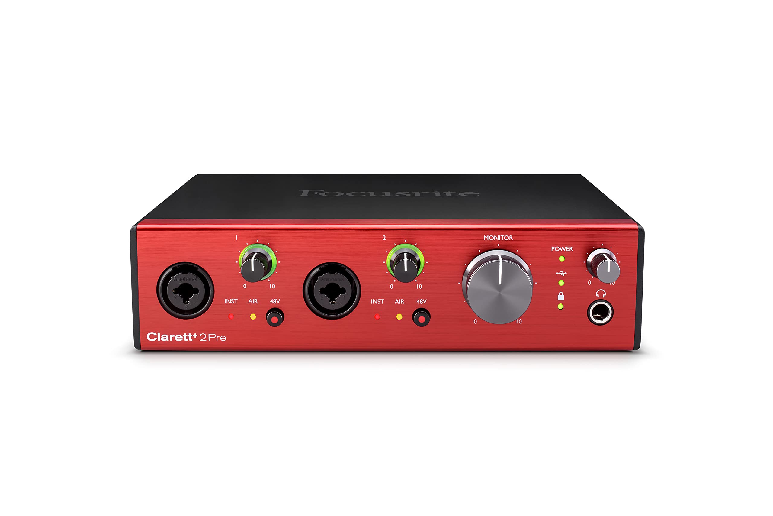 Focusrite Clarett+ 2Pre Audio-Interface mit USB-C-Bus für die Musikproduktion, mit zwei professionellen Vorverstärkern und leistungsstarken, transparent klingenden Kopfhörerausgängen/Hi-Z-Eingängen