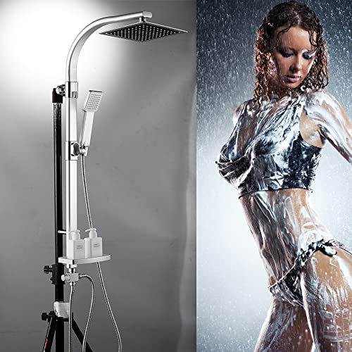 Duschsystem -- Regenduschset mit Multi-funtionale Handbrause & Seifenschale Schlauch, Duschsäule mit 20x20cm Eckige Kopfbrause, Höhenverstellbar Duschset ​für Badezimmer