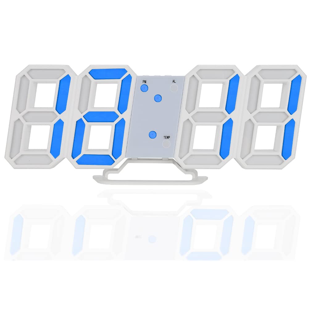 3D LED Wanduhr, Digitale Uhr Tisch- & Wanduhr Helligkeit Automatisch Einstellen, Elektronische USB Wiederaufladbarer Wecker Datum/Temperatur Anzeige, Ideal für Zuhause Büro Küche(Blau)…