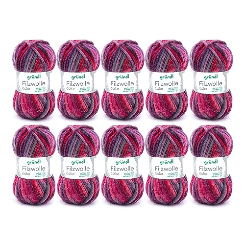 Gründl Color, Vorteilspack: 10 Knäuel à 50 g Filzwolle, Wolle, lila-Bordeaux-anthrazit Multicolor, 31 x 32 x 6 cm