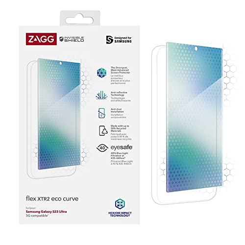 ZAGG InvisibleShield Flex Curve XTR2 ECO Screen Protector Compatible for Samsung Galaxy S23 Ultra, Shockproof, Strong, Anti-Dust Install, Anti-Reflective, Blue Light Eyesafe, 5G, Eco-Friendly, Clear