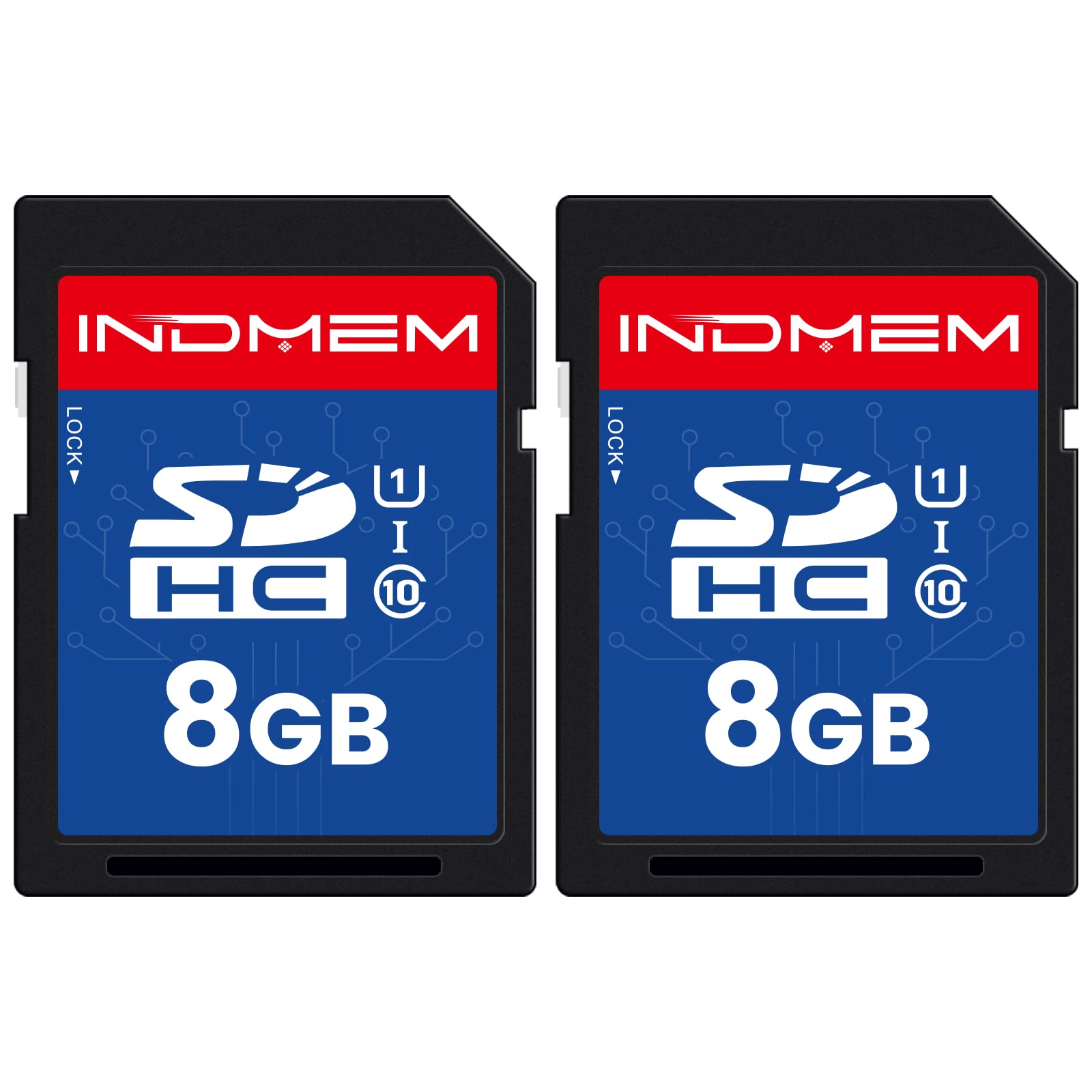INDMEM SD-Karte 8GB 2 Pack UHS-I U1 Class 10 8G SDHC Flash Speicherkarte kompatibel mit Digitalkamera, Computer, Trail-Kameras