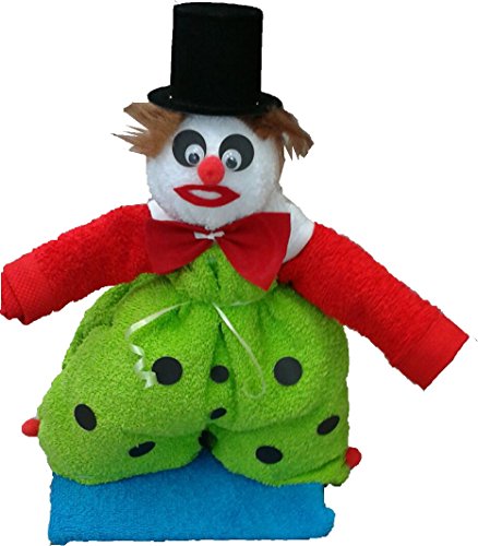 Frotteebox Geschenk Set Clown in Handarbeit geformt aus 1x Handtuch grün (100x50cm), 2x Gästetuch weiß/rot und 1x Waschhandschuh blau