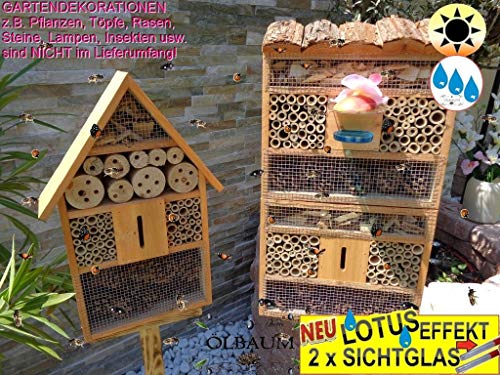 2 x Bienenhotel, mit Lotus+2xBrutröhrchen, Viereckig-HOCH mit Rindendach + Spitze,Insektenhaus + Bienenhaus mit Bienentränke, Insektenhotel, mit Lotus+2xBrutröhrchen, braun