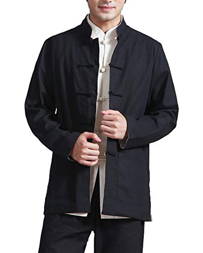 Herren Reversibel Beide Seiten Mantel Jacke Tang-Anzug Chinesisch Traditionell Lange Ärmel Kampfkunst Kung FU Hemd Leinen Damen (Schwarz, XL)