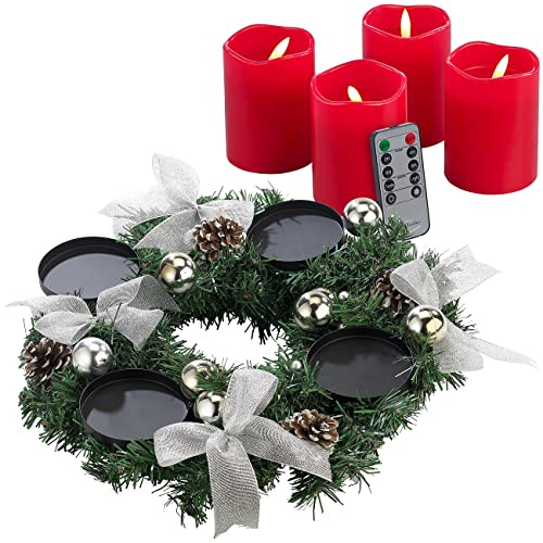 Britesta Advents-Deko: Adventskranz mit silberfarbenem Schmuck, inkl. LED-Kerzen in rot (Weihnachtsschmuck Tischkränze, Adventskranz künstlich geschmückt)