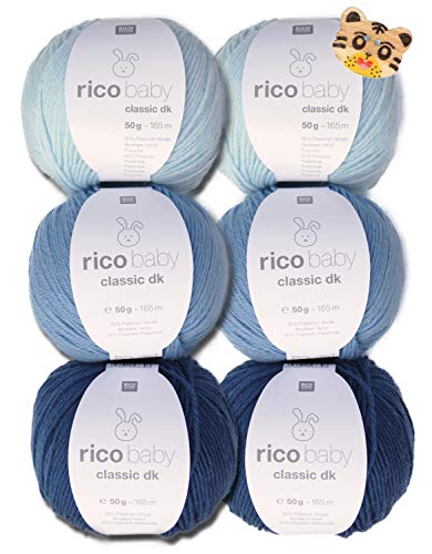 Woll-Set Rico Baby Classic 6x50g #6, weiche Babywolle zum Stricken und Häkeln mit Tigerknopf