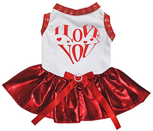 Petitebelle Hundekleid mit Aufschrift "I Love You", Herzform, Weiß / Rot (glitzernd, Größe XL)