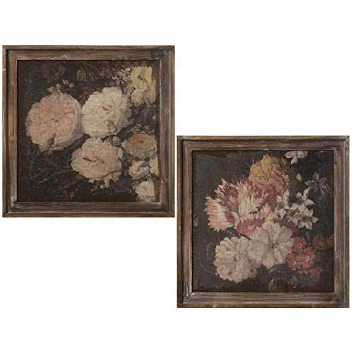 DRW Set mit 2 quadratischen Bildern aus Holz Fichte und Jute mit Blumen, 60 x 3 x 60 cm