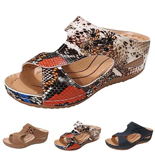 Prevently Orthopädische Keilsandalen für Damen Dressy Sommer Bequeme Wandersandalen mit Bogen Unterstützung Mode Orthopädische Rutschen (Orange, 38)