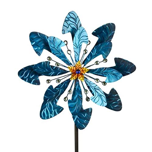 Windrad Metall doppelt Türkis Gartenstecker H 182 cm D 48 cm Windspiel Garten Blume Windmühle