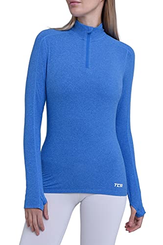 TCA Fusion Quickdry Damen Laufshirt mit Kragen & halbem Reißverschluss - Langarm - Blue Azure Heather (Blau), S