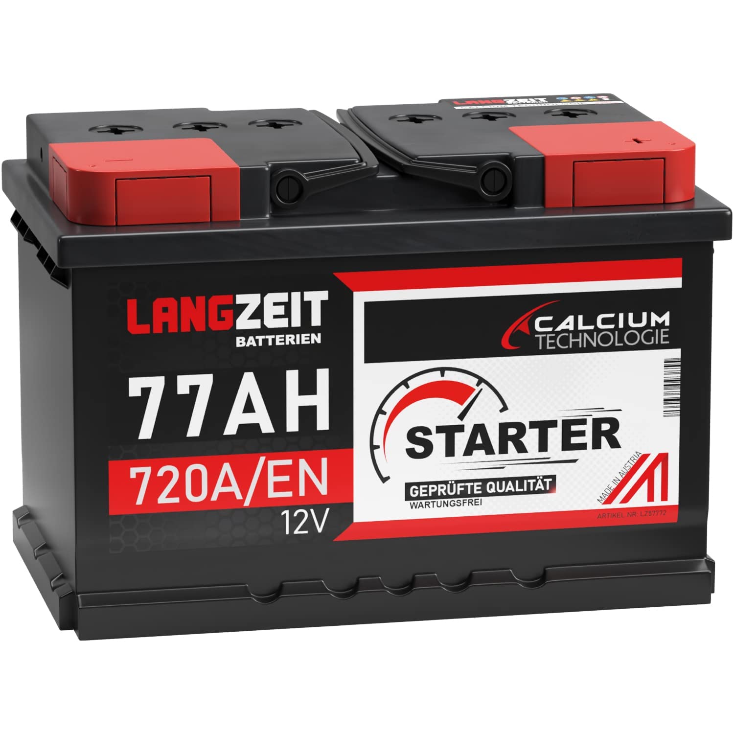 LANGZEIT Starter Serie 12V 44Ah - 105Ah Autobatterie Starterbatterie, KFZ PKW Batterie (77Ah)
