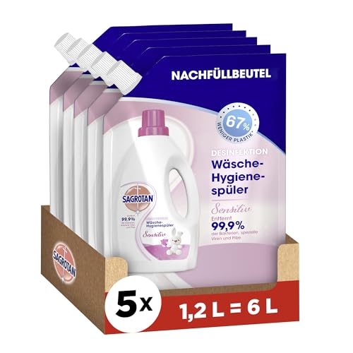 Sagrotan Wäsche-Hygienespüler Sensitiv Nachfüller – Desinfektionsspüler für hygienisch saubere und frische Wäsche – 5 x 1,2 l Reiniger im praktischen Vorteilspack