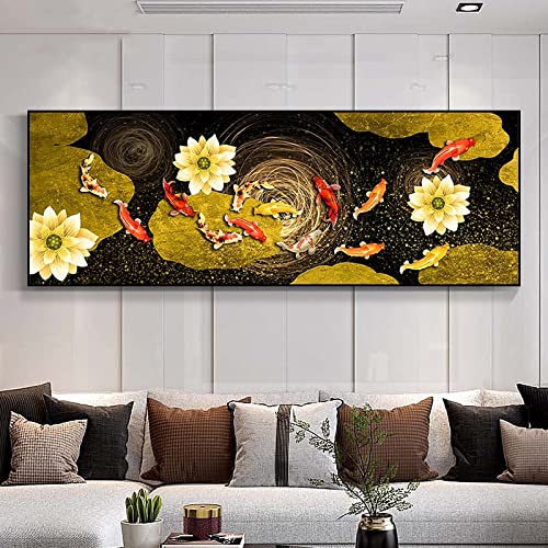 BRoleo Modelle chinesischer Stil Koi-Leinwand-Poster und Drucke neun Fische Illustration Feng Shui Karpfen Lotusteich Wandkunst Gemälde für Dekoration 60 x 180 cm ohne Rahmen