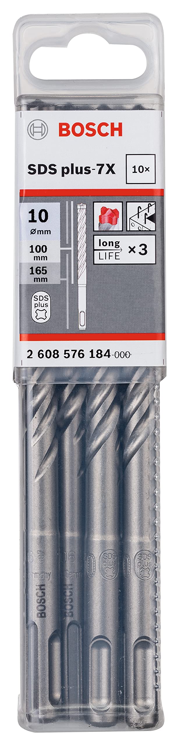 Bosch Professional 10 tlg. Hammerbohrer SDS Plus-7X (für Beton und Mauerwerk, 10 x 100 x 165 mm, Zubehör Bohrhammer)