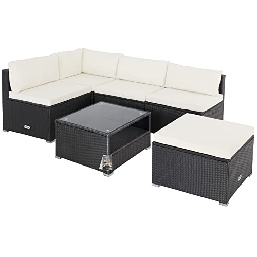 Casaria Polyrattan Lounge Set XL mit Auflagen Kissen Tisch Glasplatte Garten Sofa Gartenmöbel Ecklounge Schwarz Creme