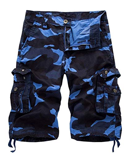 Cargo Shorts Casual Kurze Hose Cargohose Multi Herren Tasche Herrenmode Strandhose Vintage Mode Locker Camouflage Hosen Bermuda (Color : Blau, Size : Taille: 96cm)