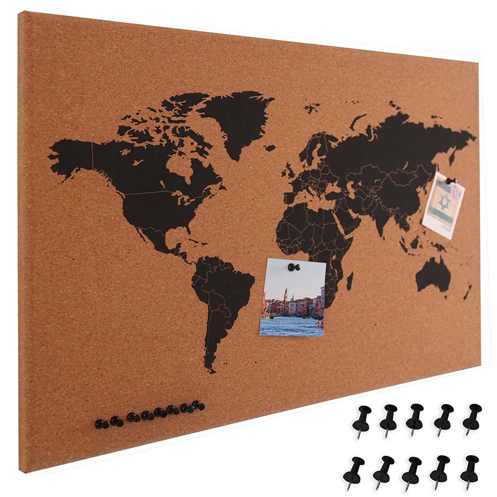 BAKAJI Pinnwand Weltkarte aus Kork Landkarte Weltkarte Holzrahmen Größe 60 x 40 cm Wand Modernes Design mit 10 Reißnägeln Geschenkidee