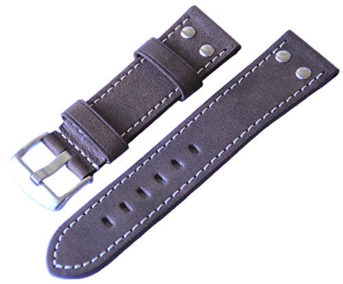 24mm Eichmüller Leder Uhren Armband Braun Ersatzband mit weißer Naht, Nieten