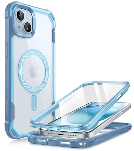 i-Blason Ares Mag Hülle für iPhone 15 Plus (6.7") 2023, Kompatibel mit MagSafe, Bumper Case Transparent Handyhülle Robust Schutzhülle Cover mit integriert Displayschutz, Blau