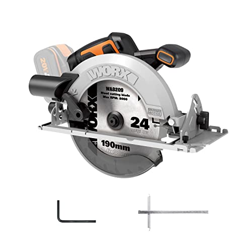 WORX Nitro Kreissäge, 18 V (max. 20 V), 190 mm, PowerShare, bürstenloser Motor, 6100 U/min, max. Schnitttiefe 65 mm (90 °), 0-57 ° Schrägschnitt, ohne Batterie, WX520.9