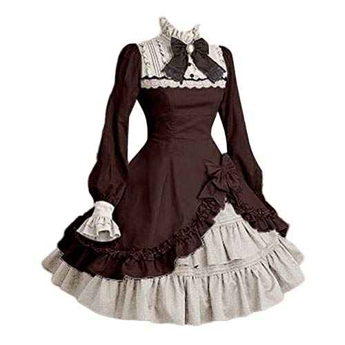 GladiolusA Frauen Vintage Mittelalter Kleid Cosplay Kostüm Langarm Rockabilly Knielang Festlich Kleider Braun M