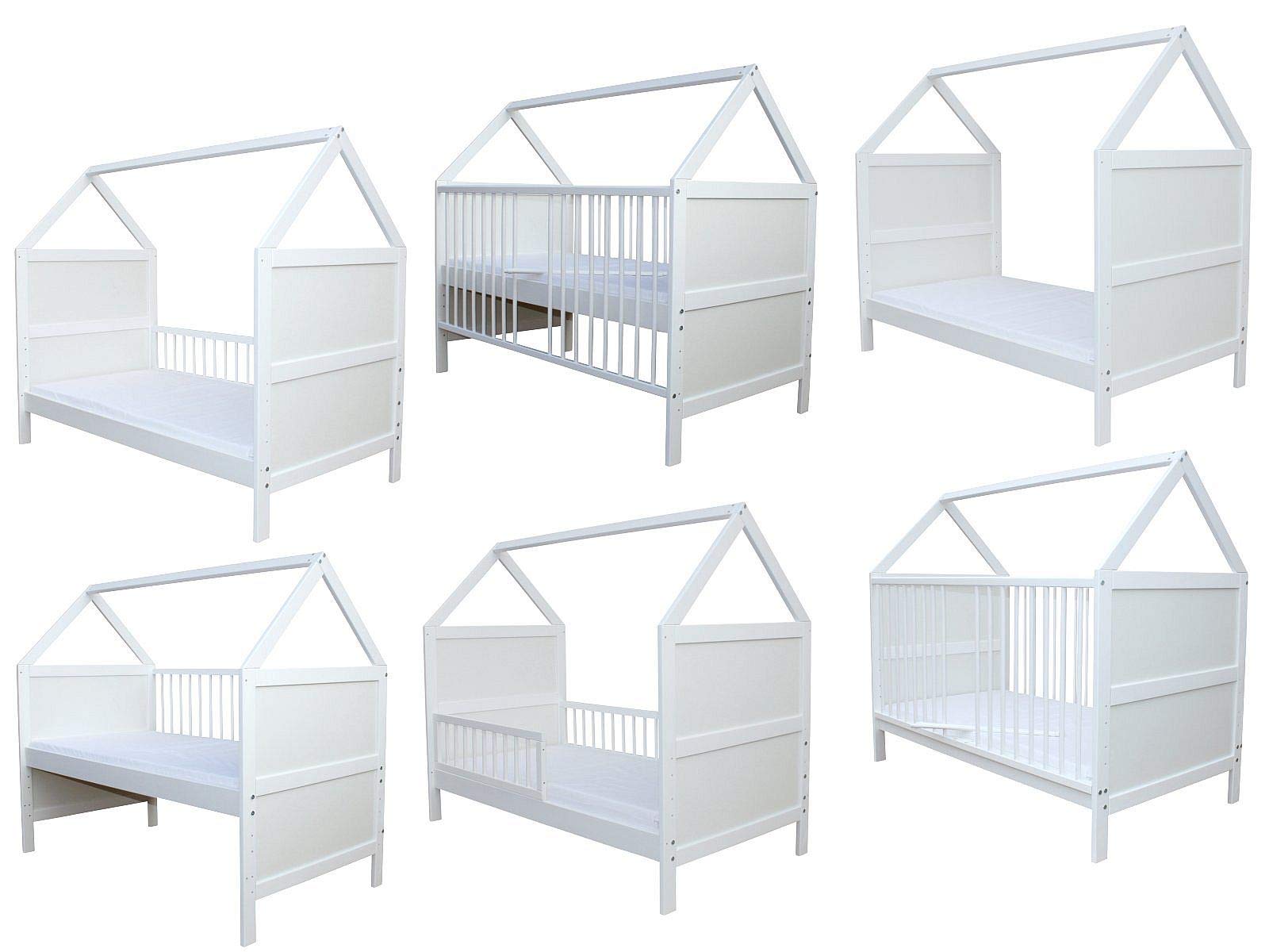 Micoland Babybett Kinderbett Juniorbett Bett Haus 140x70cm mit Matratze Weiss 0 bis 6 Jahre