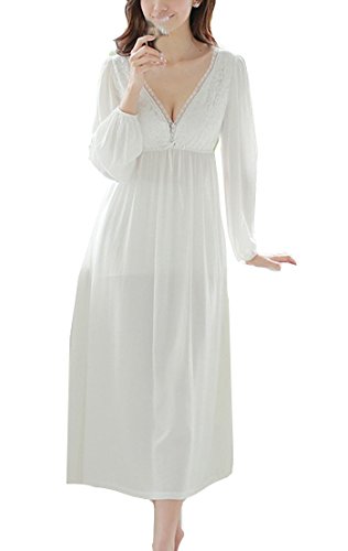 Cheerlife Damen Nachthemd Baumwolle Langarm V-Ausschnitt Spitze Nachtkleid Schlafkleid Nachtwäsche Lang Vintage M Weiß