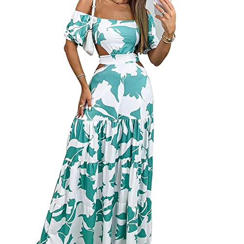 WALLDOR Kleider Damen Sommer Langes Kleid mit Puffärmeln und offenem Rücken, Off-The-Shoulder bedrucktes Ausschnitt-Schnürkleid (Color : G, Size : M)