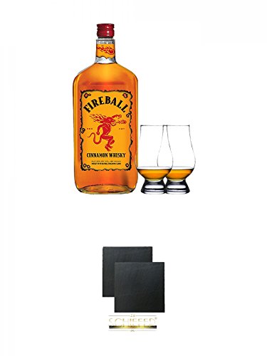 Fireball Whisky Zimt Likör Kanada 0,7 Liter + 2 Glencairn Gläser + Schiefer Glasuntersetzer eckig ca. 9,5 cm Ø 2 Stück