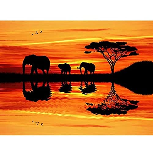 Wee Blue Coo Illustration Composition African Elephant Silhouette Sunset Large Art Print Poster Wall Decor 18x24 inch