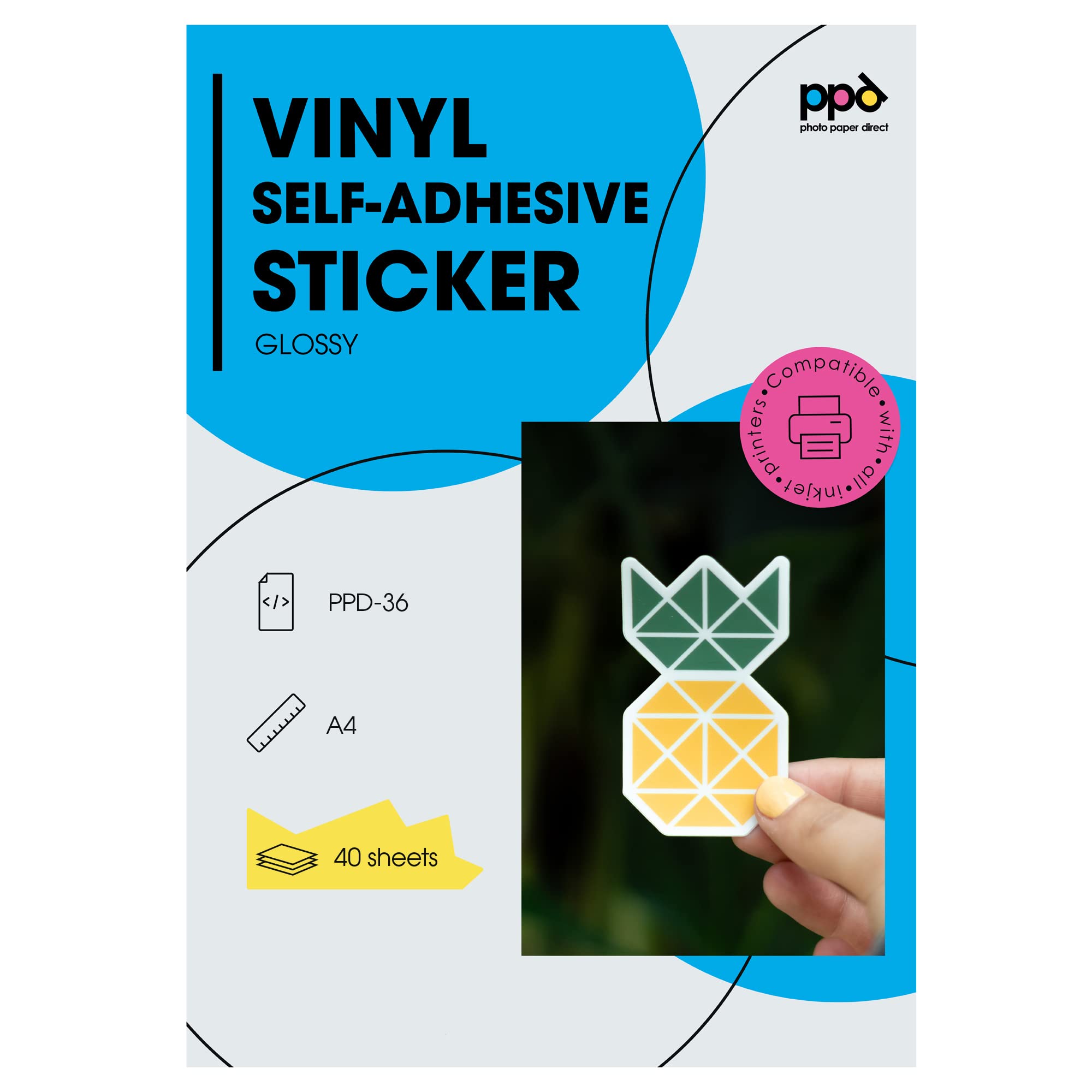 PPD 40xA4 Inkjet PREMIUM Vinyl Aufkleberfolie Bedruckbar, Weiß, Glänzend, Selbstklebend PPD-36-40