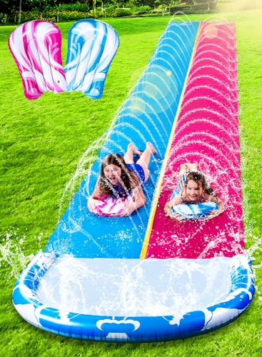 Sloosh 686cm Double Water Slide, Heavy Duty Rasen Wasserrutsche mit Sprinkler und 2 Slip aufblasbare Bretter für Sommer Party Hof Rasen im Freien Wasser Spielen Aktivitäten