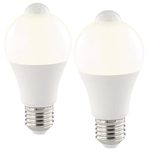Luminea LED Bewegungsmelder: 2er-Set LED-Lampe, PIR-Sensor, 10 W, E27, warmweiß, 3000 K, 1.055 lm (Leuchtmittel mit Bewegungsmelder)