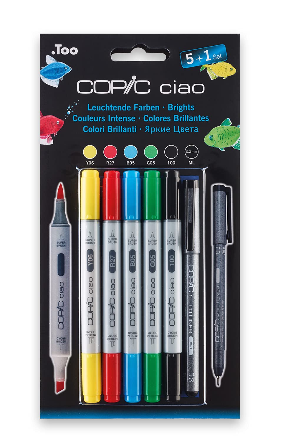 COPIC Ciao Marker 5+1 Set "Leuchtende Farben", 5 Allround-Layoutmarker, mit einer mittelbreiten und einer Brush-Spitze, inkl. 1 Multiliner 0,3 mm