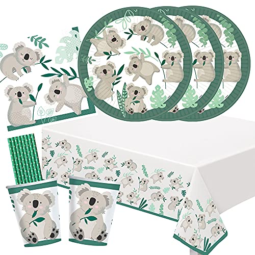 spielum 41-teiliges Party Set Koala - Teller Becher Servietten Tischdecke Papiertrinkhalme für 8 Kinder