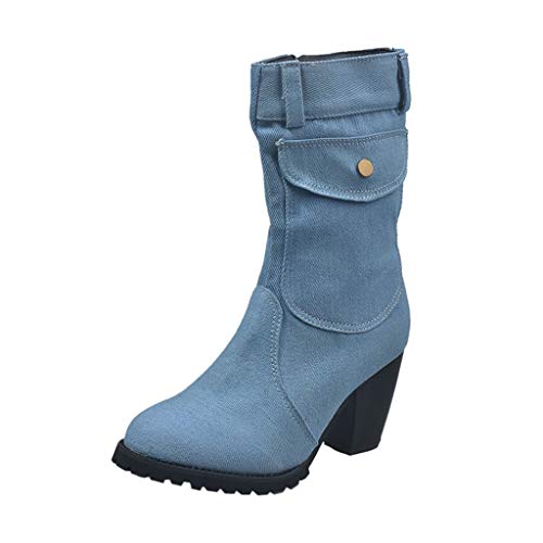 Yowablo Damen Stiefel Mid-Rise Solid Größe Slip-On Med Heels Stiefel Schuhe (35 EU,Hellblau)