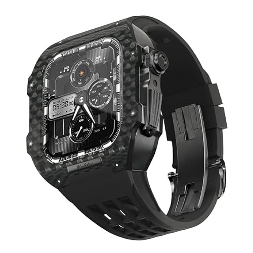 RWCCCRW Uhrenarmband aus Fluorkautschuk, Kohlefaser-Lünette für 8/7/6/5/4/SE, Luxus-Uhrenarmband aus Kohlefaser, kompatibel mit IWatch-Serie 44/45 mm, mit Werkzeug